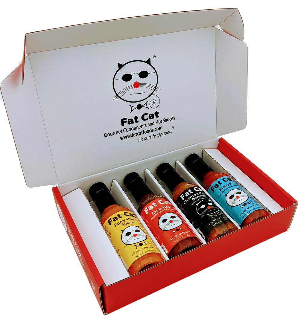 Coffret cadeau sauce piquante - Ensemble de 4 bouteilles de sauce piquante « Funny Cat Name »