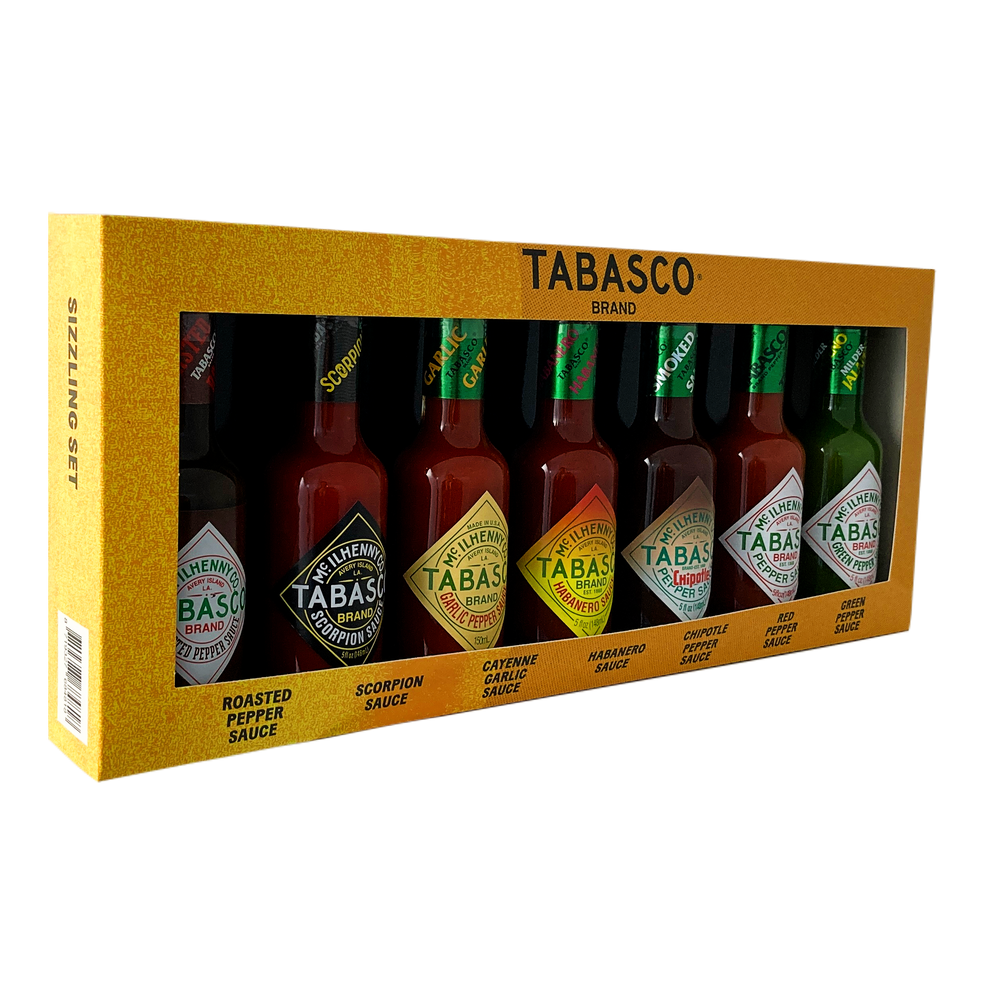 Coffret cadeau de marque TABASCO® 'SIZZLING SET' 7 bouteilles en verre de 148 ml