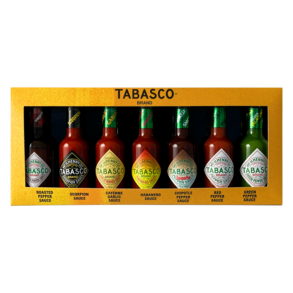 Coffret cadeau de marque TABASCO® 'SIZZLING SET' 7 bouteilles en verre de 148 ml